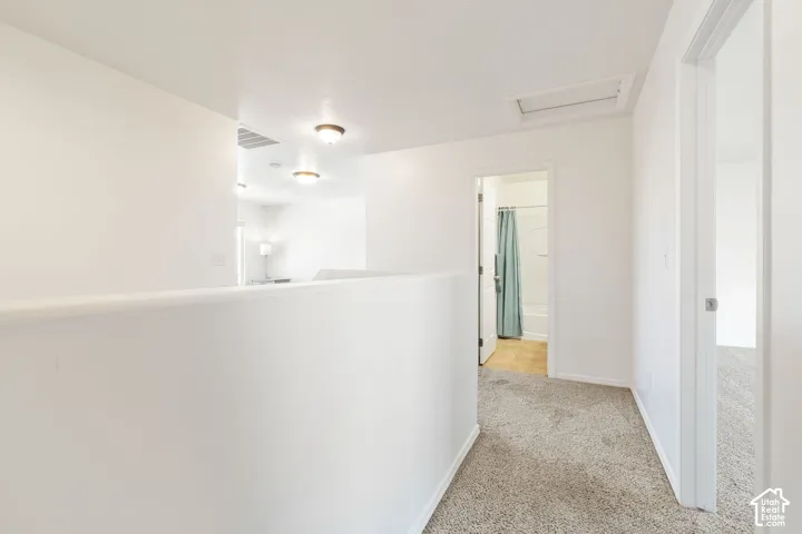 Second-level landing featuring neutral carpeting, an overhead light fixture, and white walls
