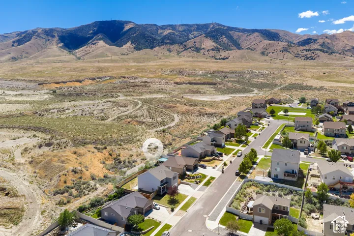Aerial perspective showcasing a residential neighborhood with mountain backdrop and community park
