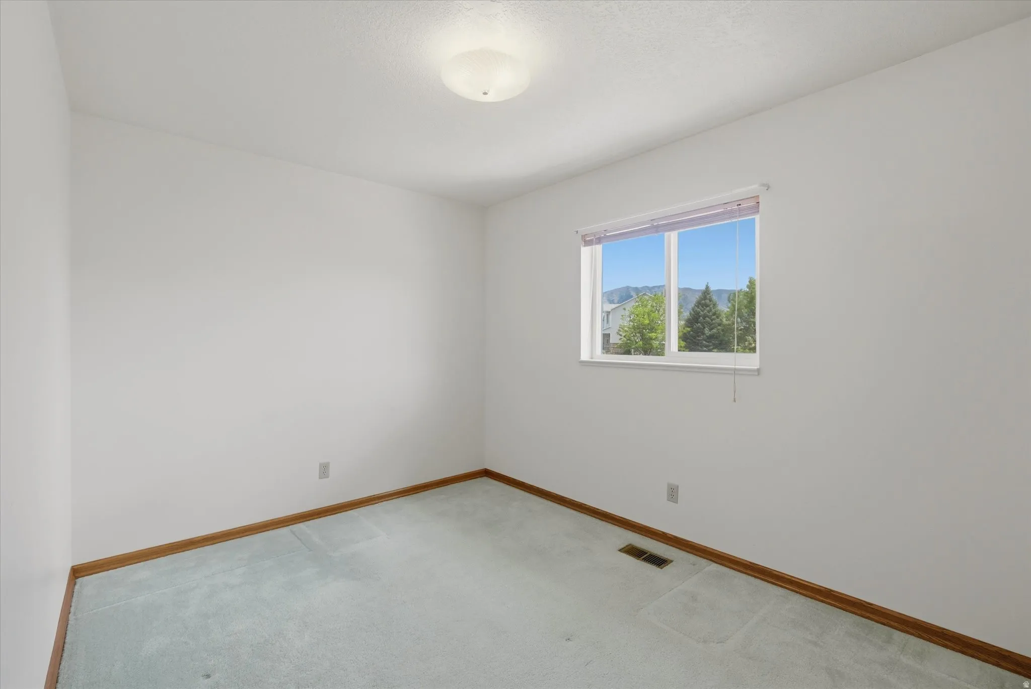 Light-filled interior space featuring a window with exterior scenery, overhead flush-mount lighting, and light blue carpeting with wood baseboards