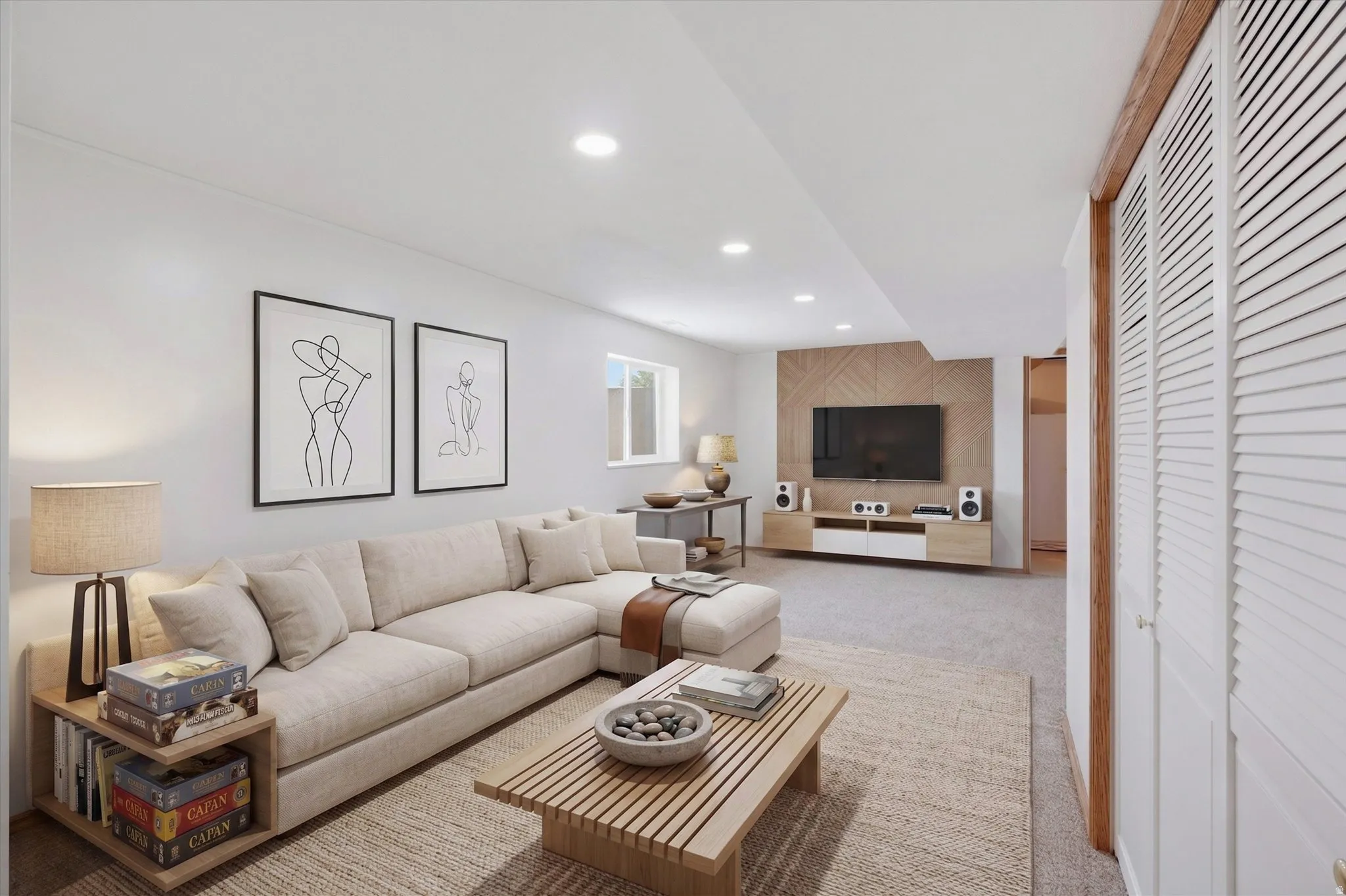 Spacious living area featuring recessed lighting, a modern accent wall, light-toned carpeting, and louvered bifold doors with wood trim