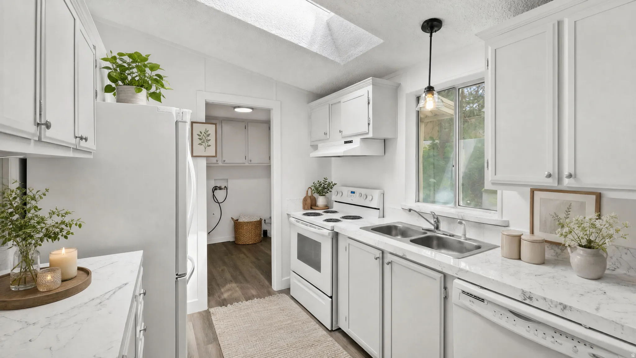 Kitchen featuring white cabinetry, wood-finish flooring, a double basin sink, and a skylight