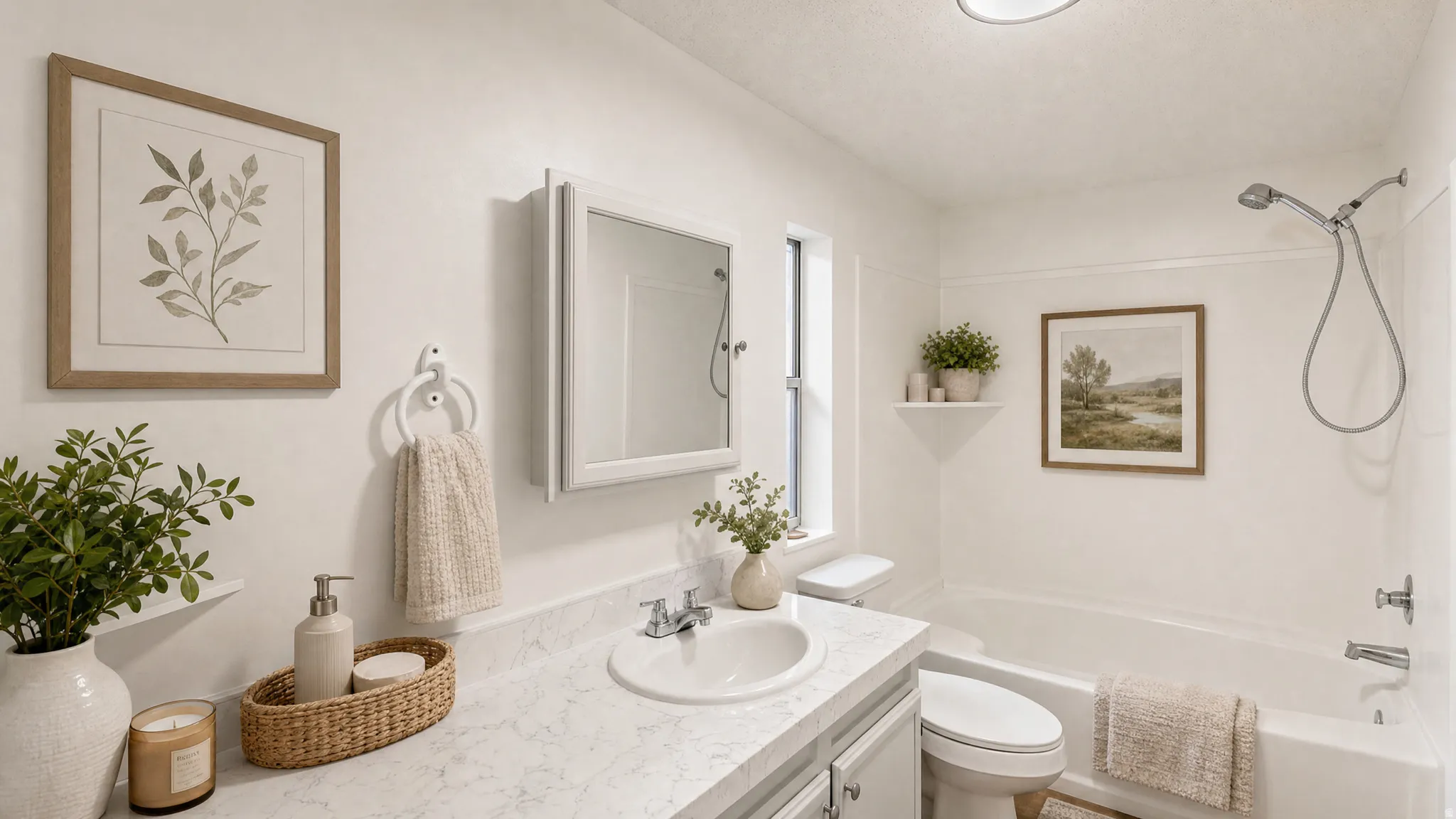 White vanity with a built-in sink and stone-finish countertop, medicine cabinet, full-size tub, and shower with a handheld showerhead