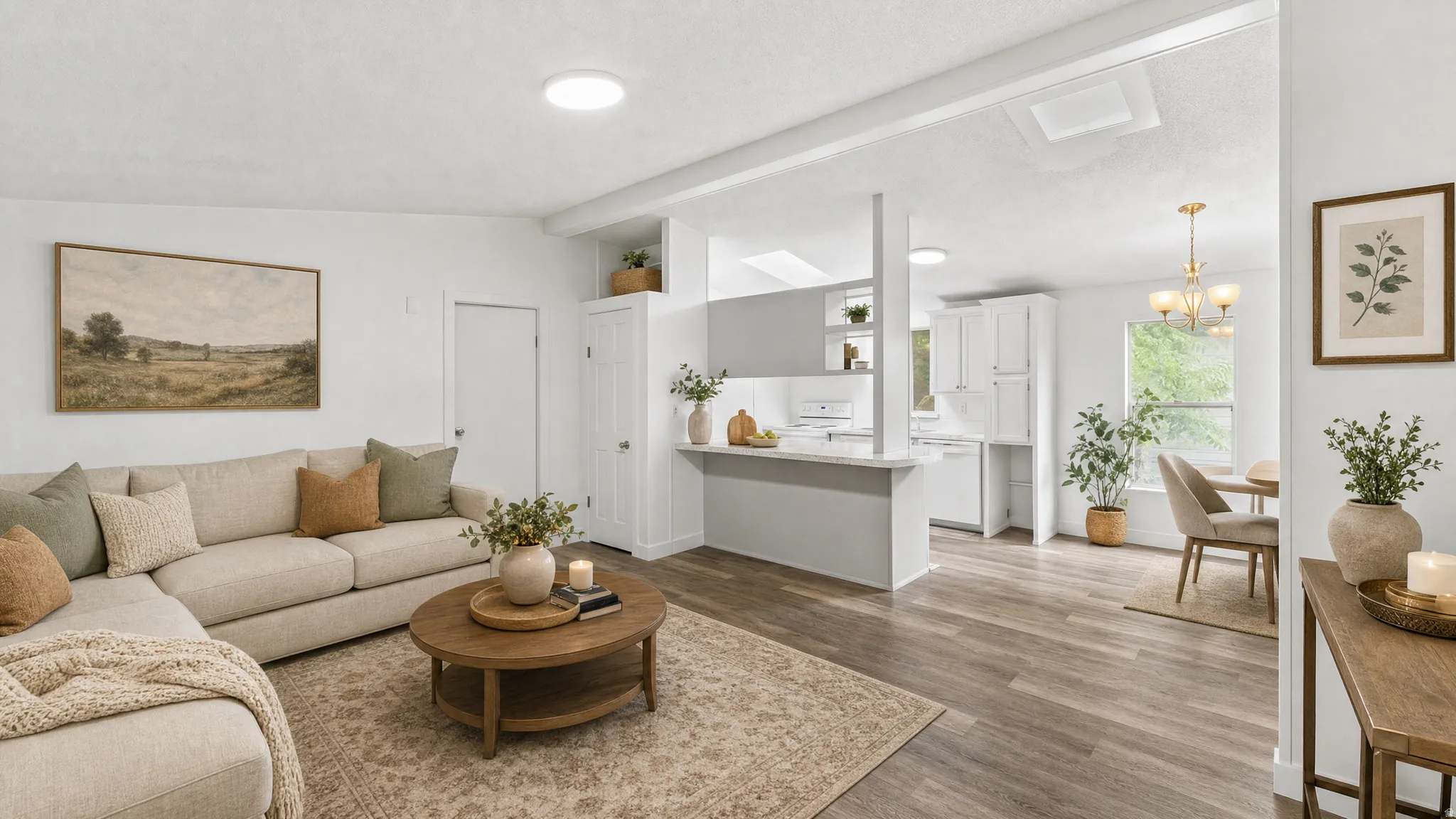 Open-concept living area featuring wood-finish flooring, recessed lighting, and a neutral color palette