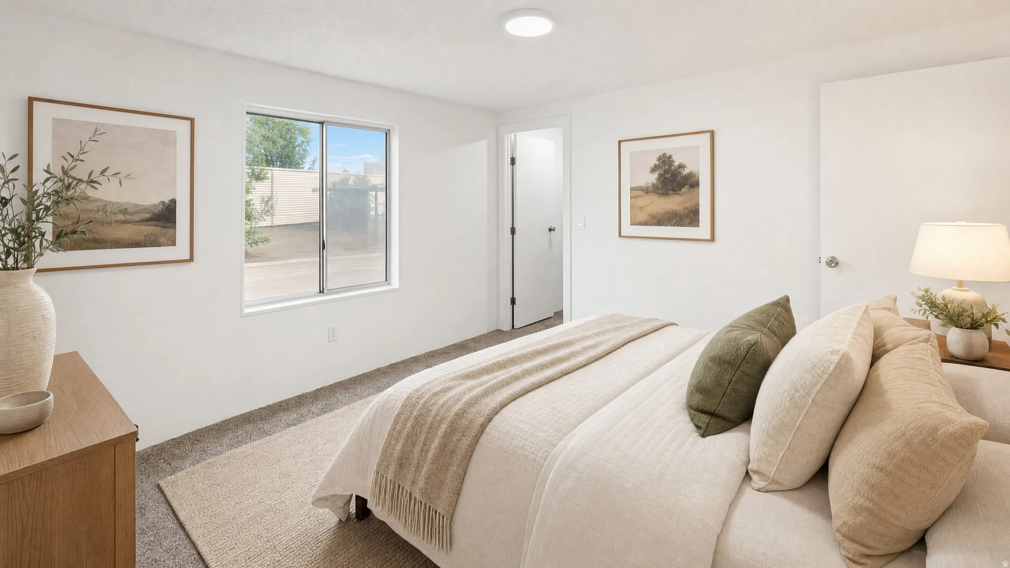 Light-filled room featuring a broad window, white walls, and neutral-toned carpeting