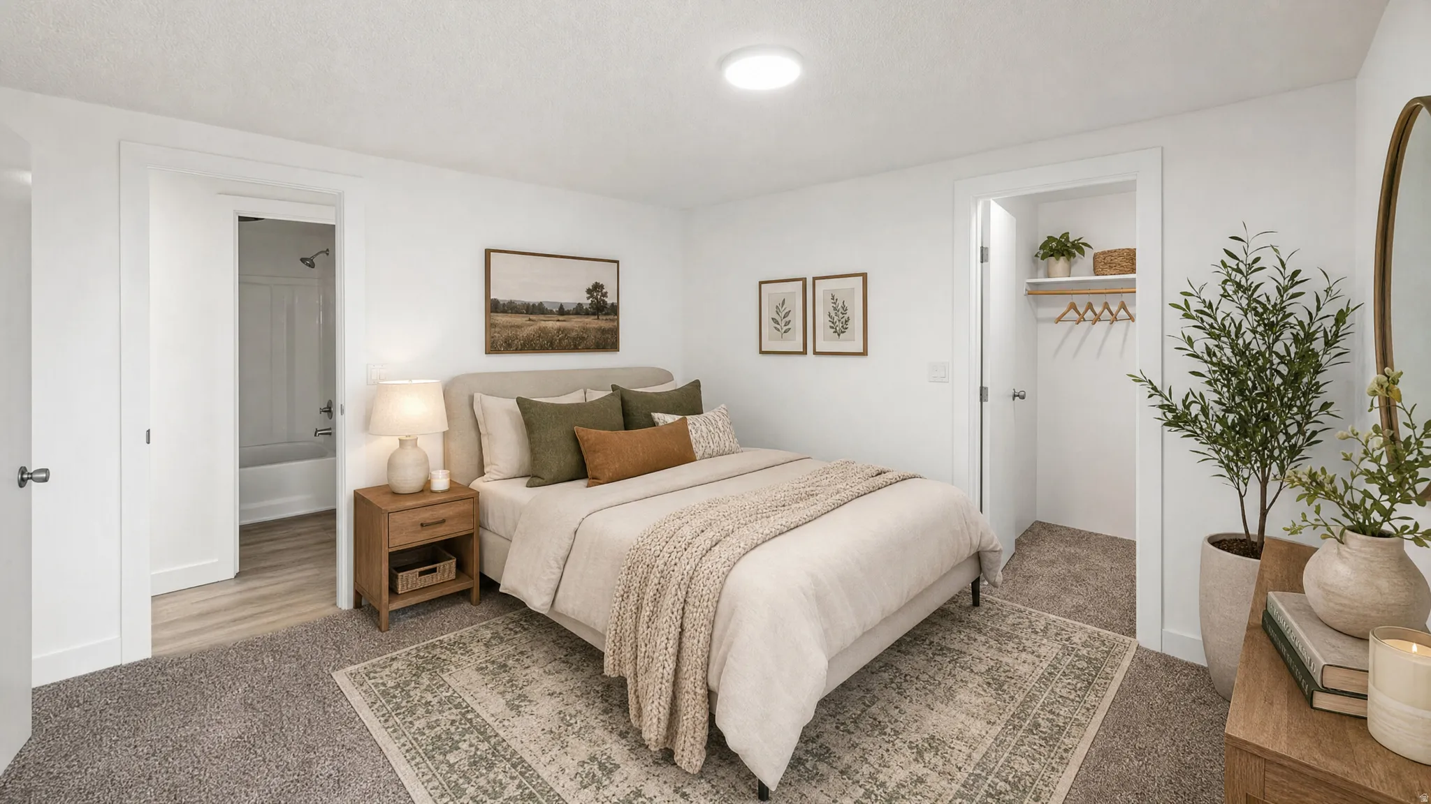 Carpeted bedroom featuring a flush-mount ceiling light, white walls, and a doorway leading to a bathroom with wood-finish flooring and a bathtub