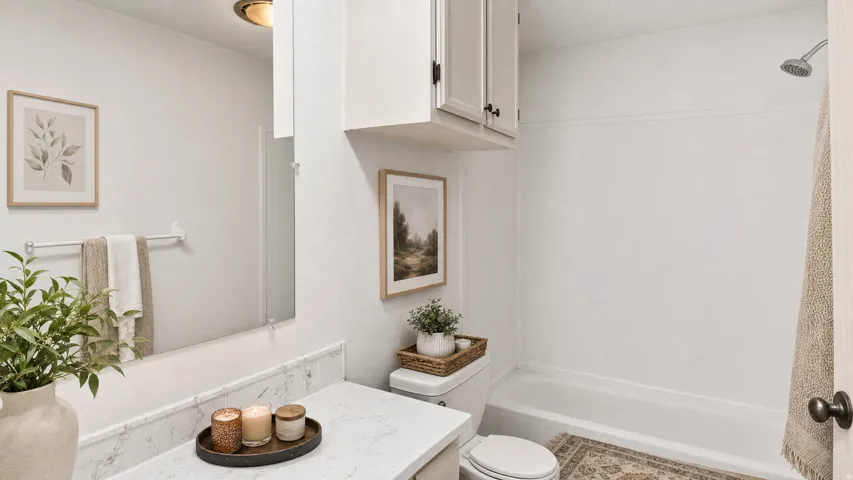Bathroom featuring a white bathtub/shower combination, vanity with a rectangular sink, and overhead cabinetry