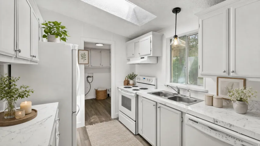 Kitchen featuring white cabinetry, wood-finish flooring, a double basin sink, and a skylight