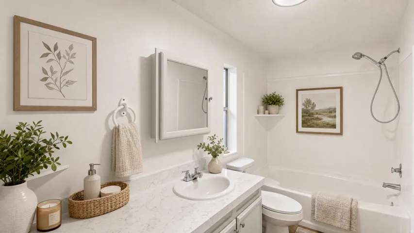 White vanity with a built-in sink and stone-finish countertop, medicine cabinet, full-size tub, and shower with a handheld showerhead