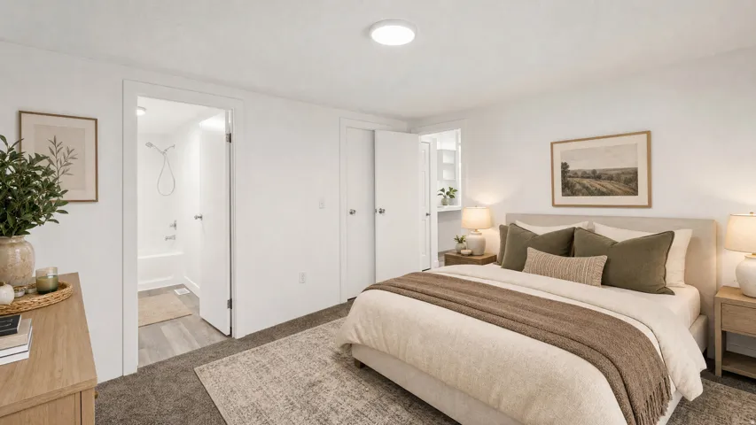 Carpeted bedroom featuring white walls, a visible bathroom with a tub/shower combination, and a flush-mount ceiling light
