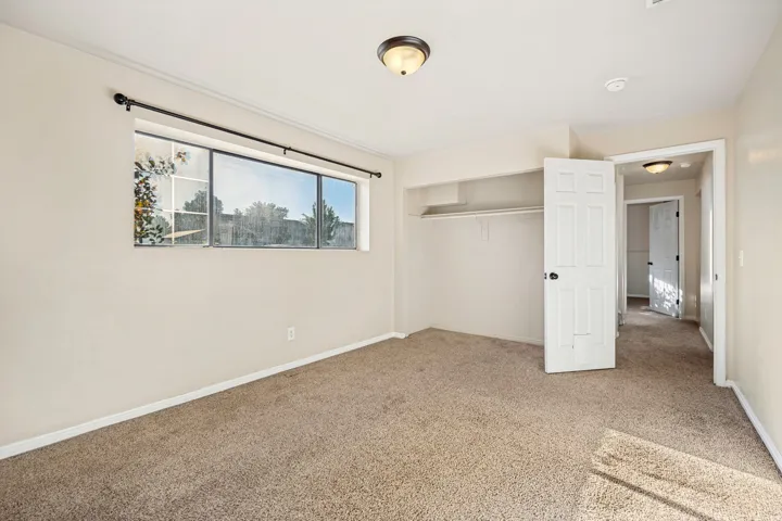 Carpeted interior space featuring a multi-pane window, flush-mount ceiling light, white paneled doors with black hardware, and an open closet with shelving and a clothes rod