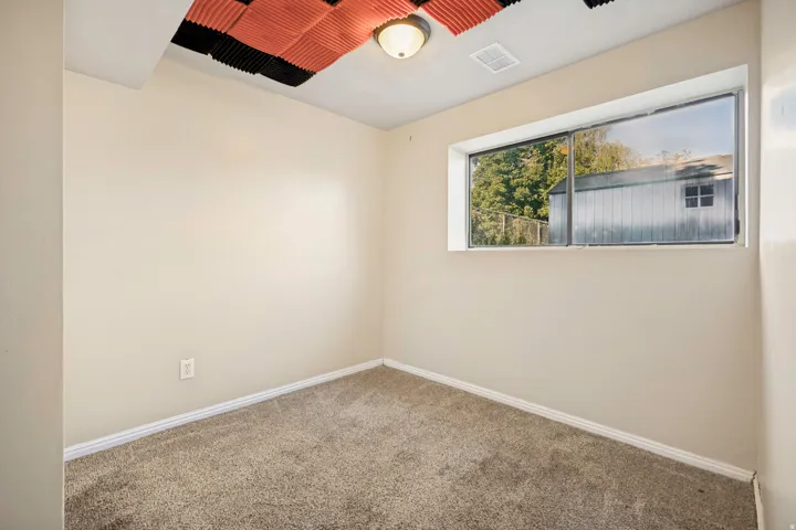 Carpeted room featuring a white baseboard, a single window, and a flush-mount ceiling light