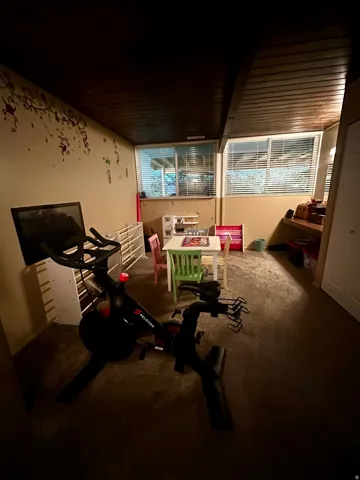 Carpeted room with a dark wood-finish ceiling, featuring two windows with horizontal blinds