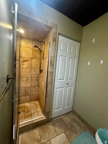 Tiled shower enclosure with glass surround, featuring a recessed ceiling light and an adjustable shower head