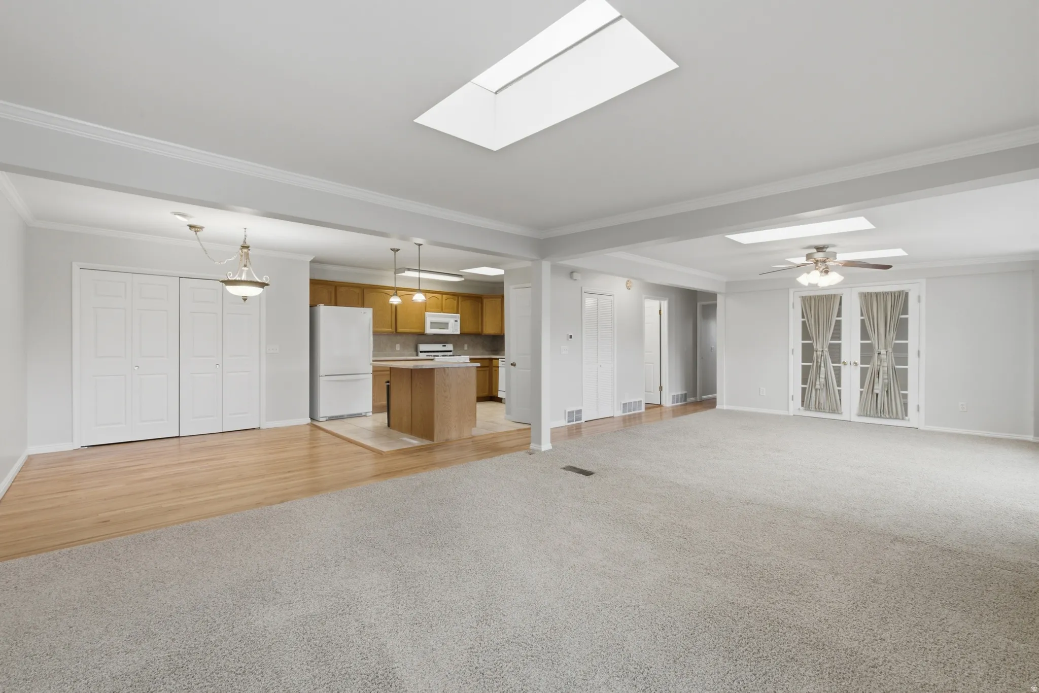 Open-concept interior featuring a spacious carpeted area, wood-finish flooring, and multiple skylights