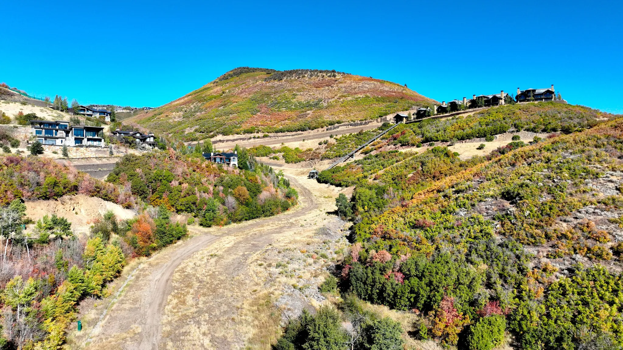 Expansive hillside terrain featuring varied foliage and distant residences