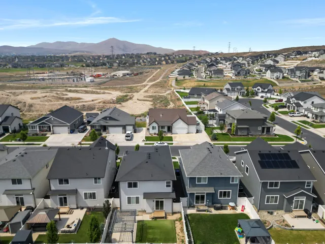 Aerial perspective showcasing a residential neighborhood with varied architectural styles