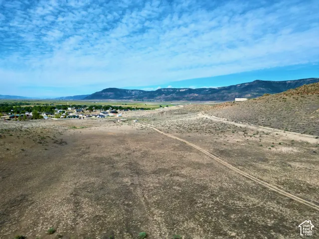 Expansive undeveloped land featuring natural desert vegetation, a visible dirt path, and a mountain range backdrop