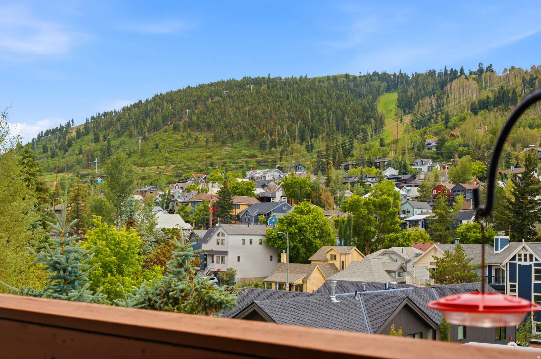 Terraced residential area nestled into a tree-covered hillside, featuring varied architectural styles and abundant mature foliage