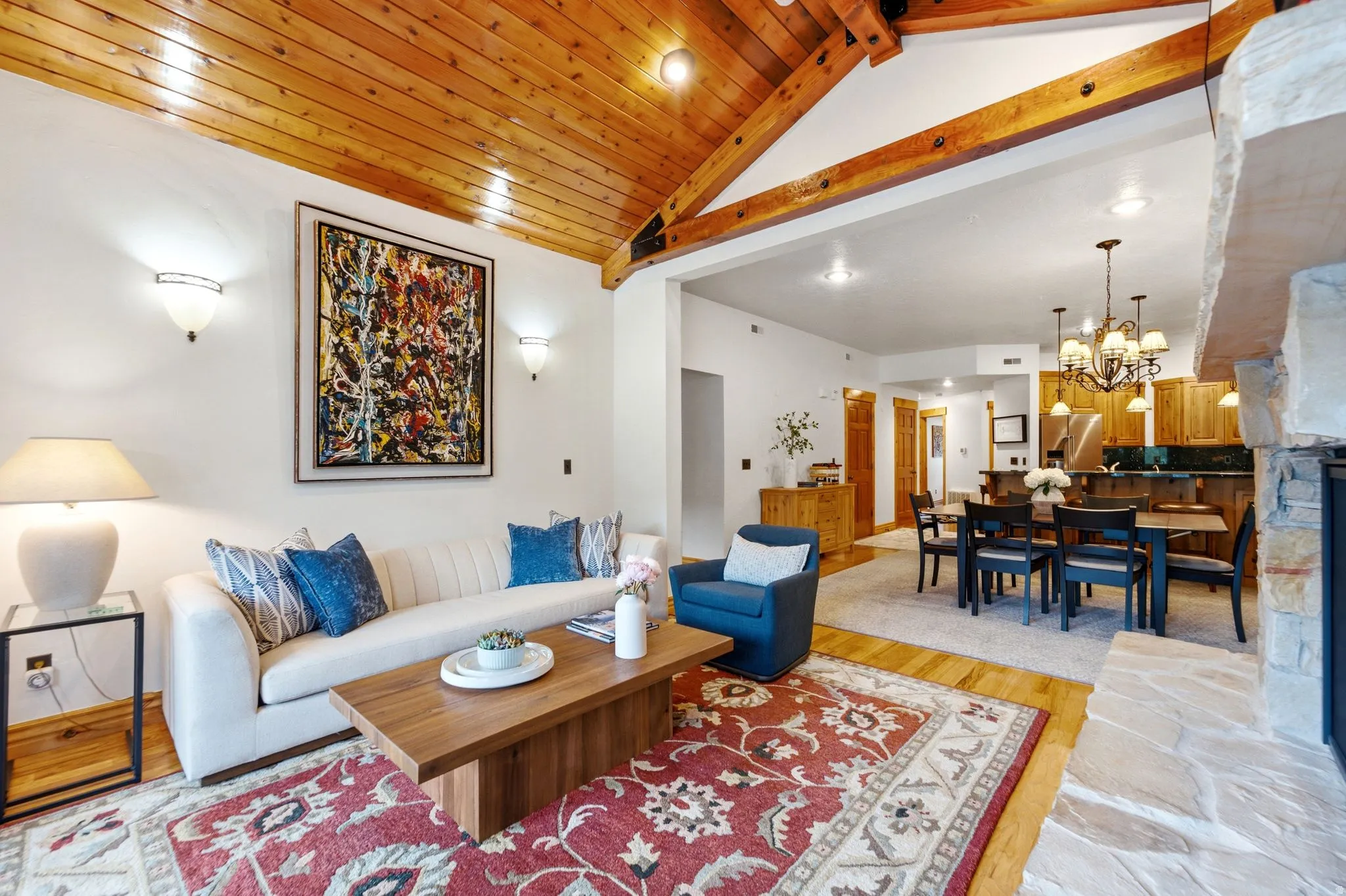 Vaulted wood-plank ceilings with exposed beams