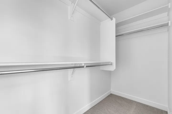Walk-in closet featuring white walls, white shelving, polished chrome hanging rods, and gray carpet flooring