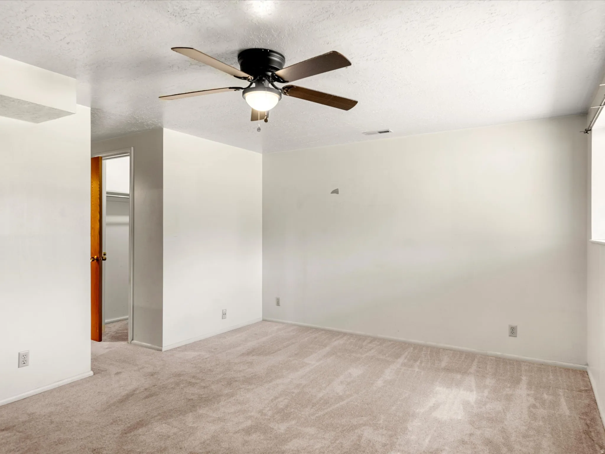 Spacious room featuring neutral carpeting and light-colored walls