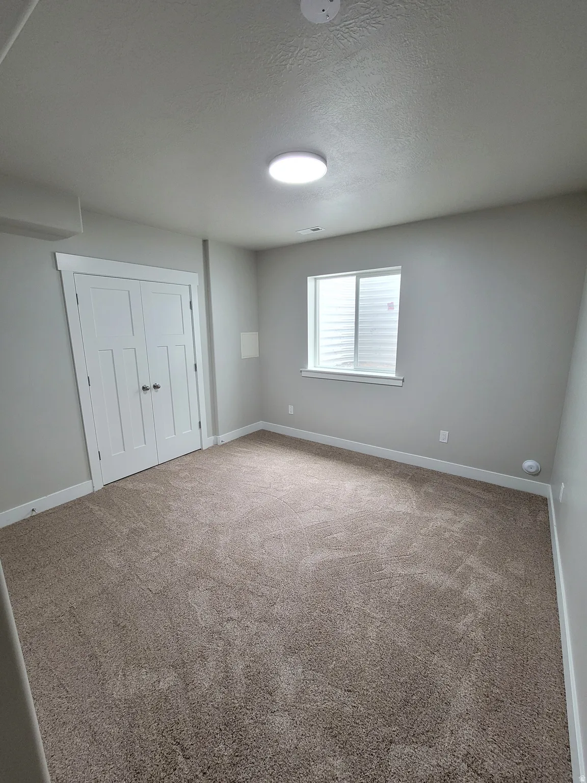 Spacious room featuring neutral carpeting, light gray walls, a white trim window, a flush-mount ceiling light, and white double-panel doors