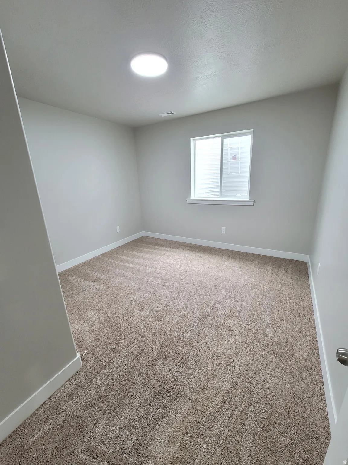 Neutral-toned carpet flooring complementing light gray walls