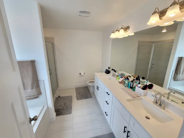 Spacious bathroom featuring a dual vanity with white cabinetry and quartz-finish countertops, a built-in soaking tub, and a glass-enclosed shower
