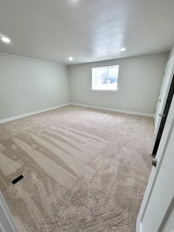 Spacious room featuring neutral carpeting, light-toned walls, and recessed lighting