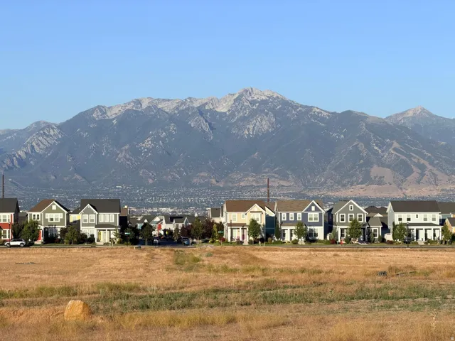 Row of residential properties with varied exterior finishes, backed by a prominent mountain range