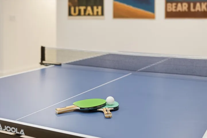 Recreational space featuring a blue-top ping pong table with white boundary lines and a net