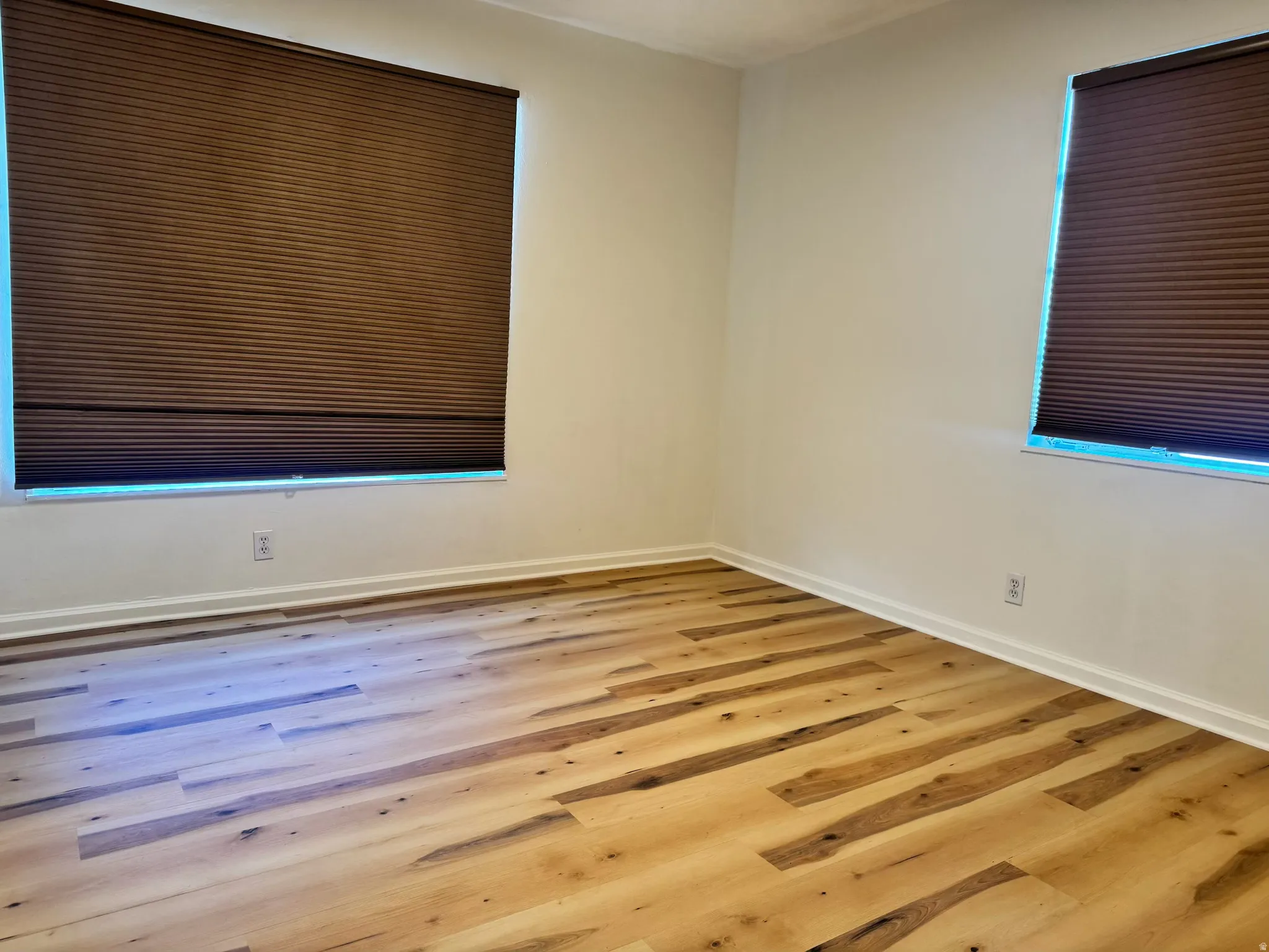 Room featuring wood-finish flooring, neutral wall tones, and two windows with brown cellular shades