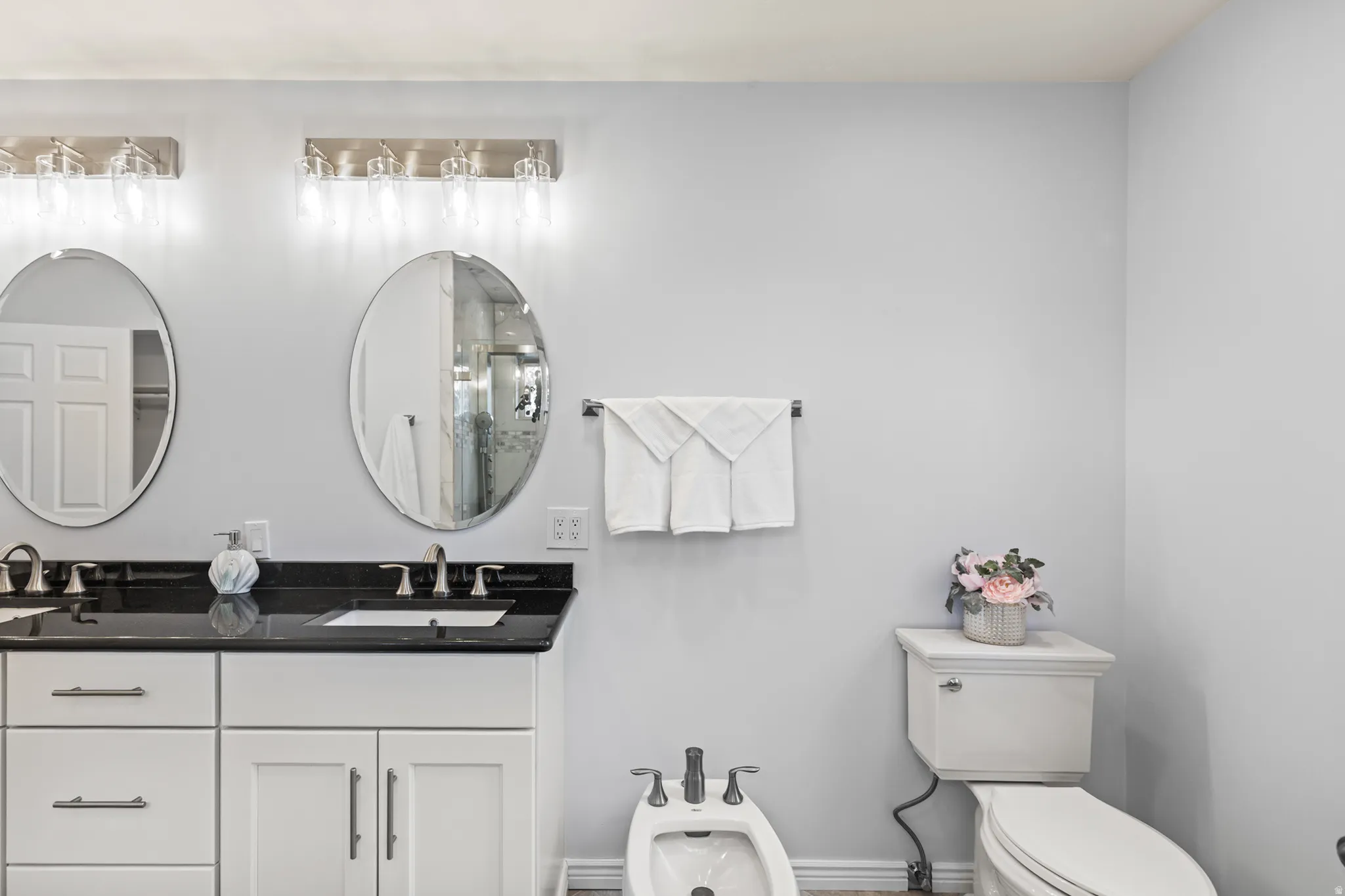 Dual vanity with white cabinetry, dark stone countertops, and undermount sinks