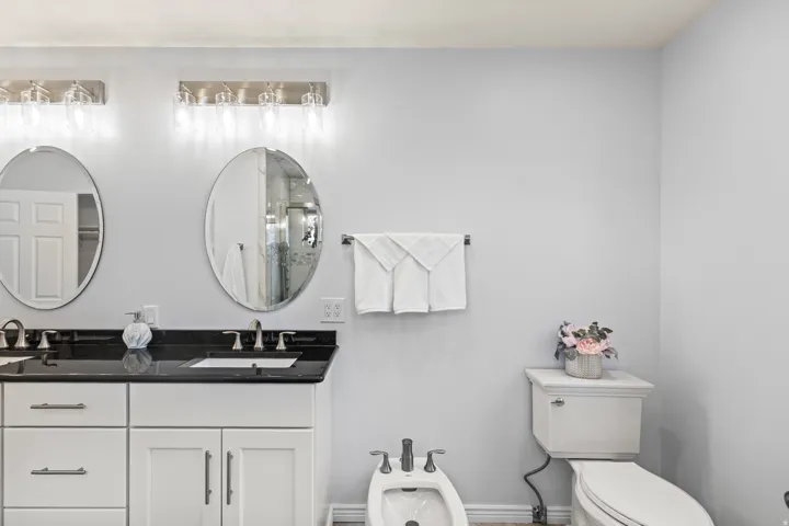 Dual vanity with white cabinetry, dark stone countertops, and undermount sinks