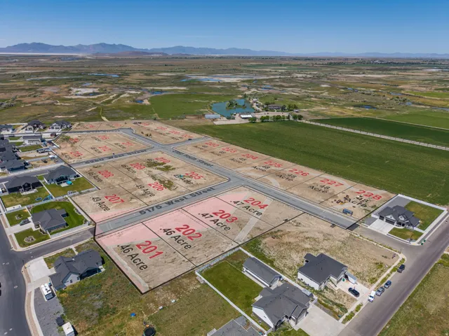 Developed subdivision with marked lots and paved streets, featuring surrounding green fields and distant mountains under a clear sky