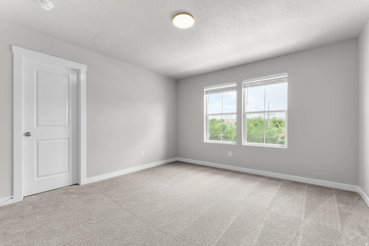 Spacious room featuring neutral carpeting, light gray walls, white trim, and two large windows with blinds
