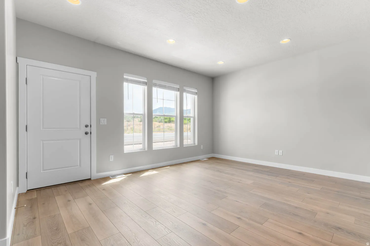 Spacious room featuring wood-finish flooring, recessed lighting, and light gray walls