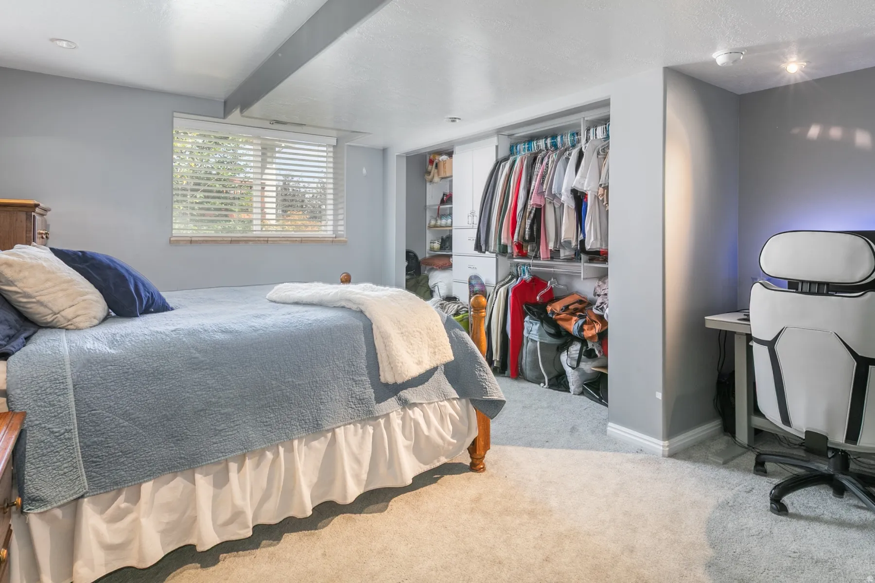 Bedroom featuring light gray walls, plush carpet, and a window with horizontal blinds