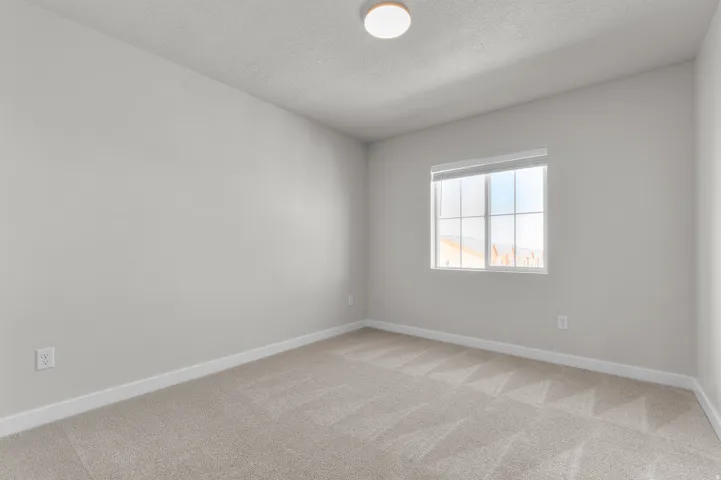 Neutral-toned room featuring a single window, light-colored carpet, white baseboards, and a flush-mount ceiling light fixture
