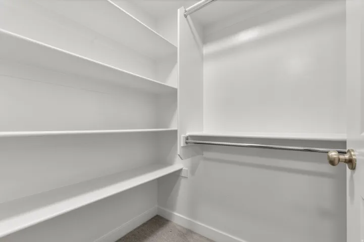 Walk-in closet featuring white built-in shelving, a full-width hanging rod, and light-toned carpet flooring
