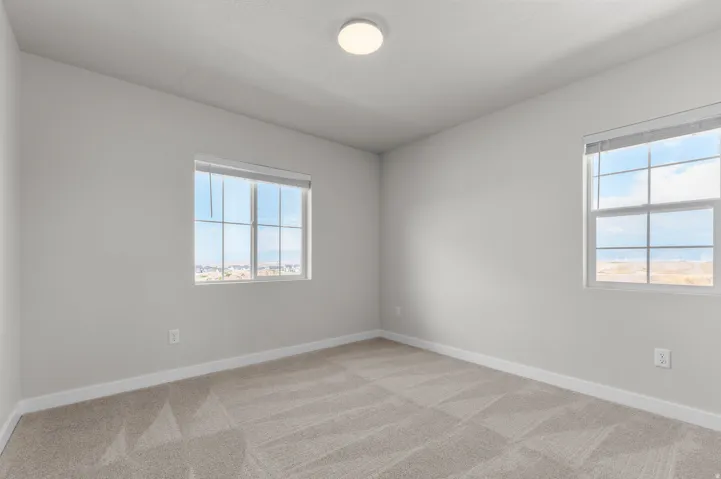 Carpeted room with light neutral walls, white trim, and two double-pane windows