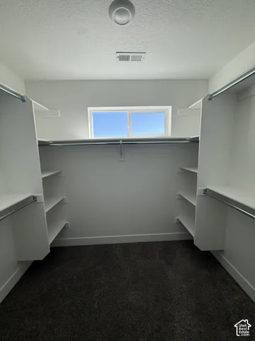 Walk-in closet featuring built-in shelving, hanging rods, and a window for natural illumination