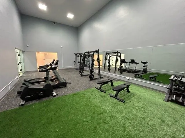 Dedicated fitness space featuring high ceilings and grey walls