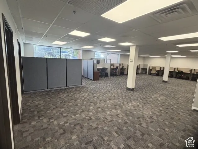 Spacious open-plan area featuring patterned carpet flooring, drop ceiling with integrated lighting, and multiple workstations