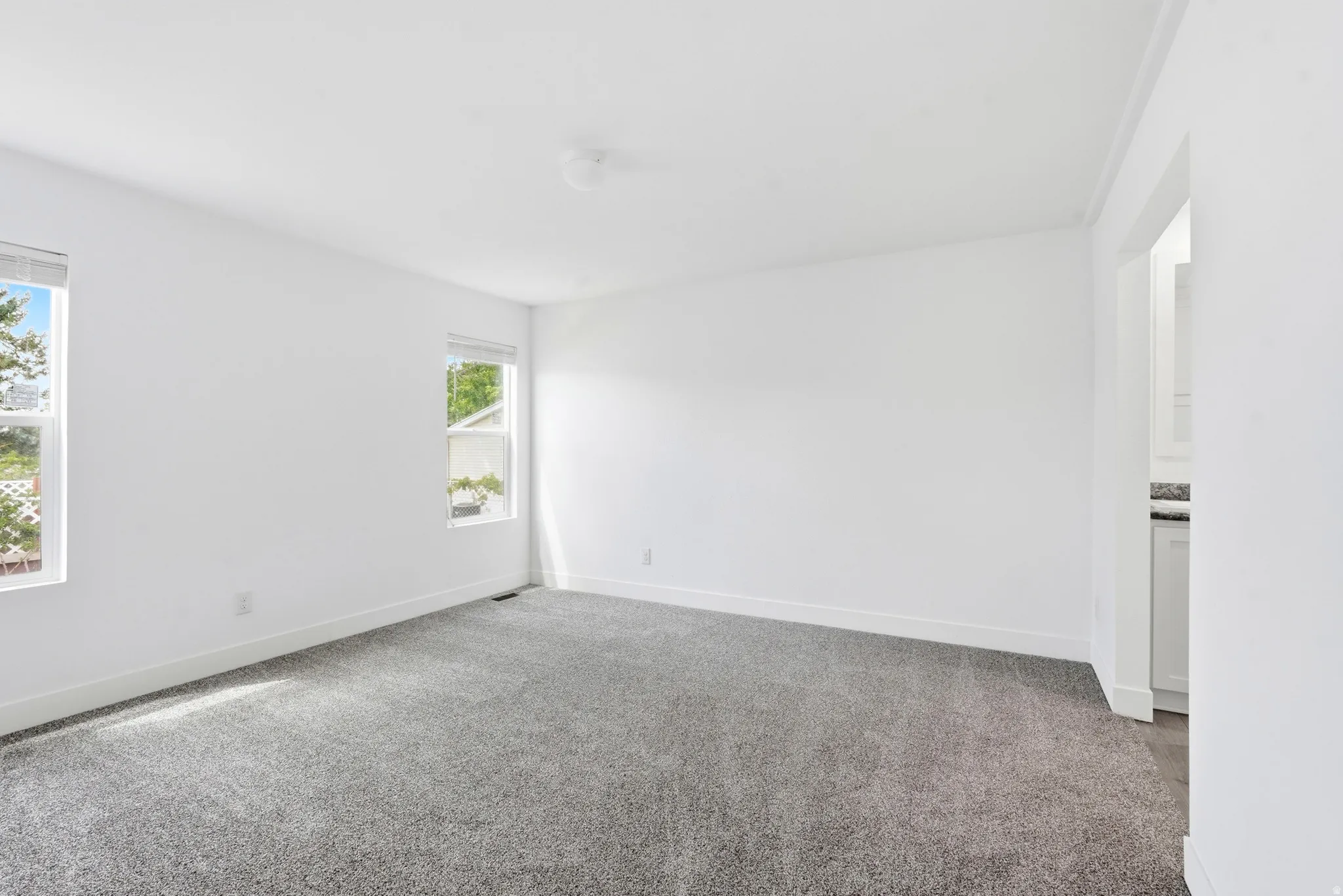 Spacious room featuring neutral carpeting and bright white walls