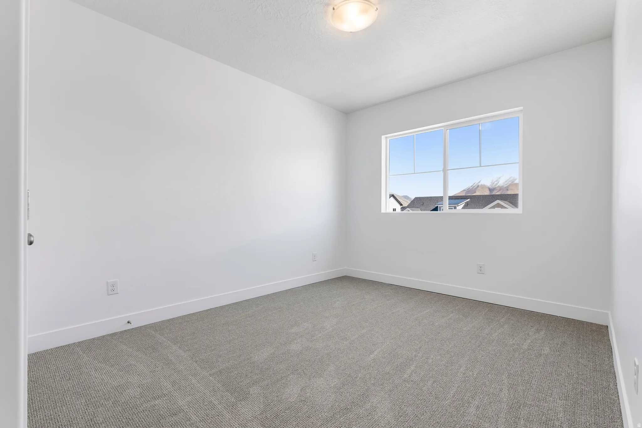Bright interior space featuring a multi-pane window, flush-mount ceiling light, light-colored walls, white baseboards, and grey carpeting