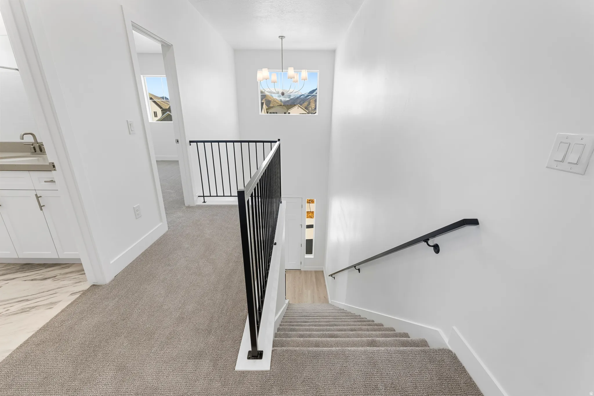 Upper-level landing featuring light gray carpet, white walls, and a black metal railing