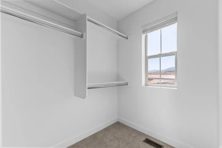 Built-in shelving, chrome hanging rods, single-hung window, and neutral carpeting
