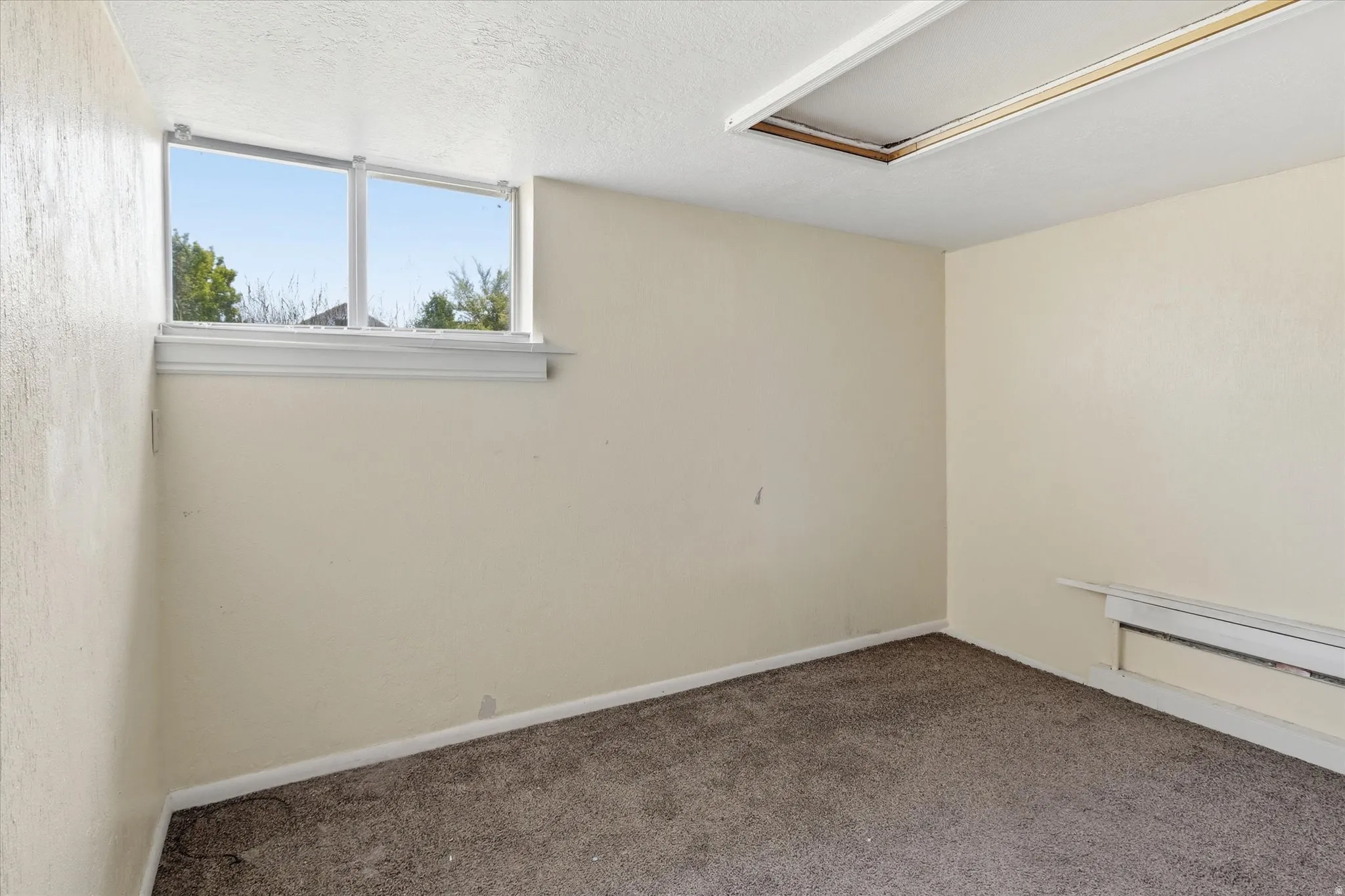 Carpeted interior space featuring a double-pane window with white trim, baseboard heating, and a ceiling light fixture opening