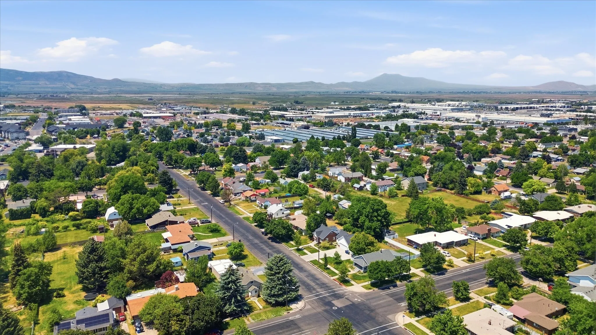 Expansive aerial perspective showcasing a residential area with mature tree-lined streets, single-story homes, and distant mountain ranges